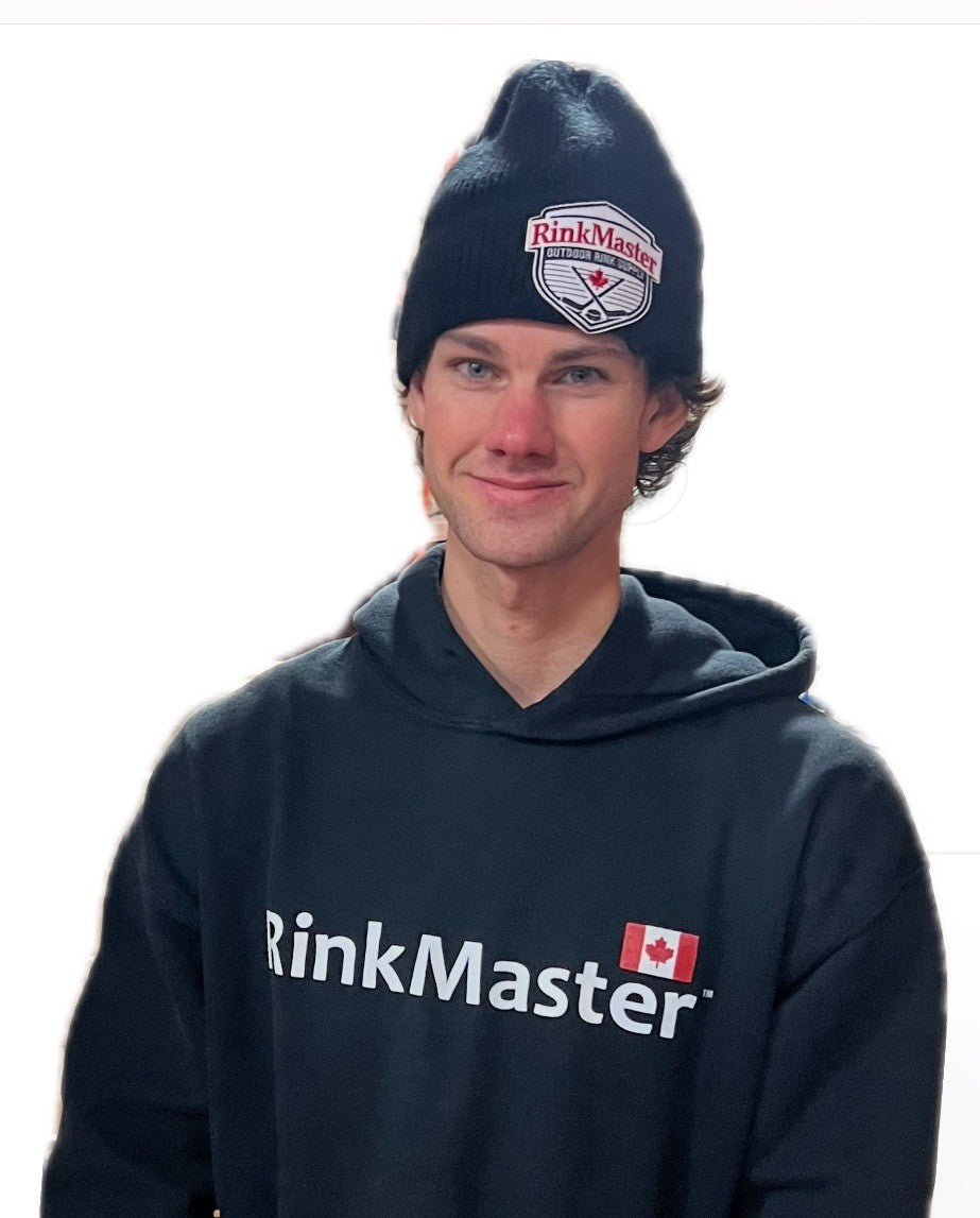 Person wearing a navy hoodie and beanie with 'RinkMaster' branding on a white background