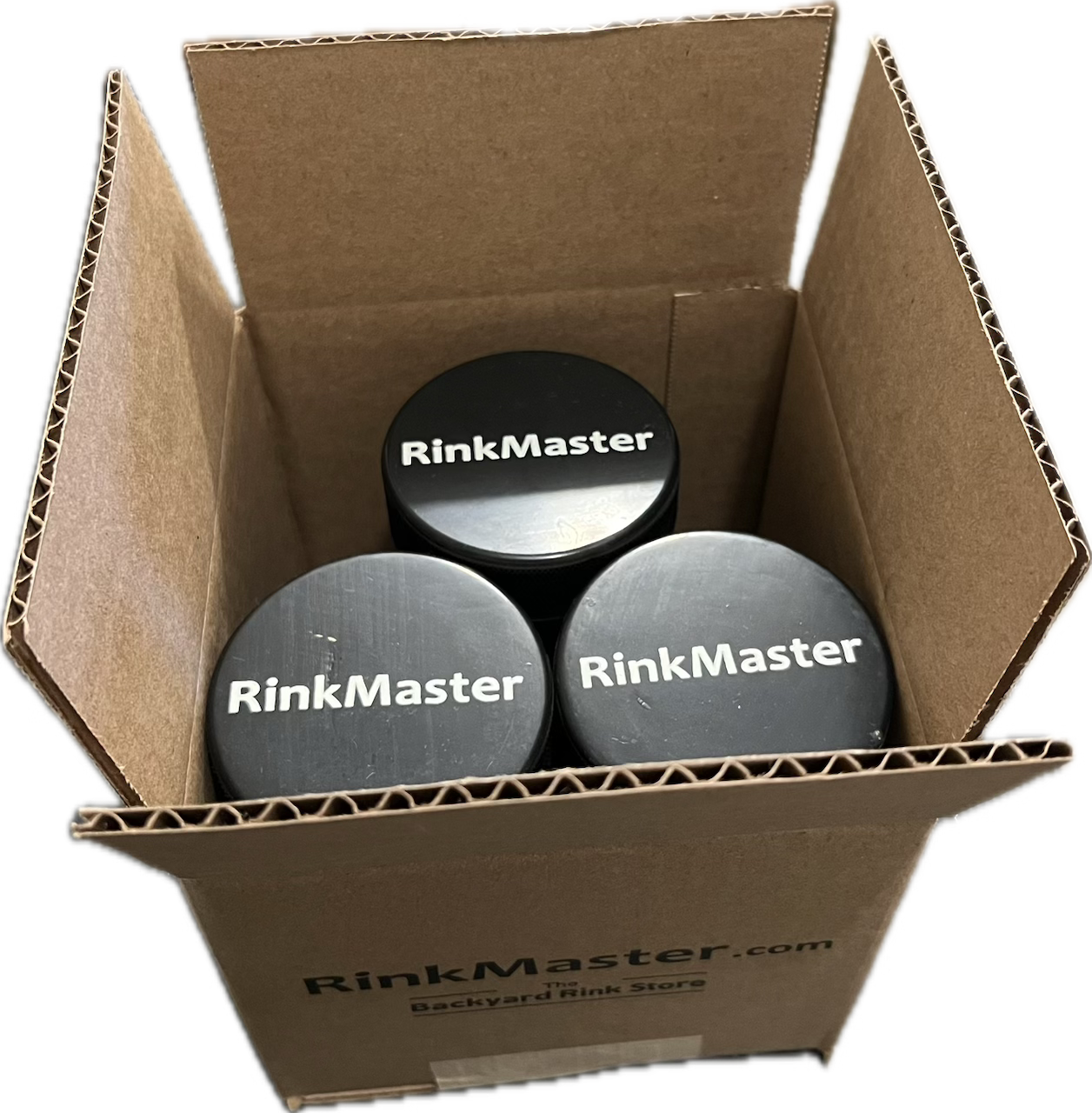 box of rinkmaster hockey pucks